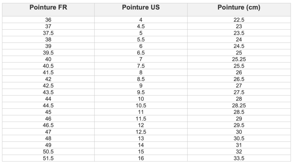 conversion pointure Asics homme